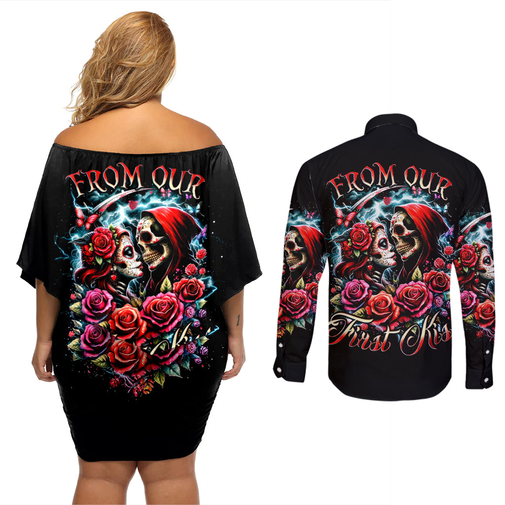 Couple Skull Couples Matching Off Shoulder Short Dress and Long Sleeve Button Shirt From Our Firse Kiss - Wonder Print Shop