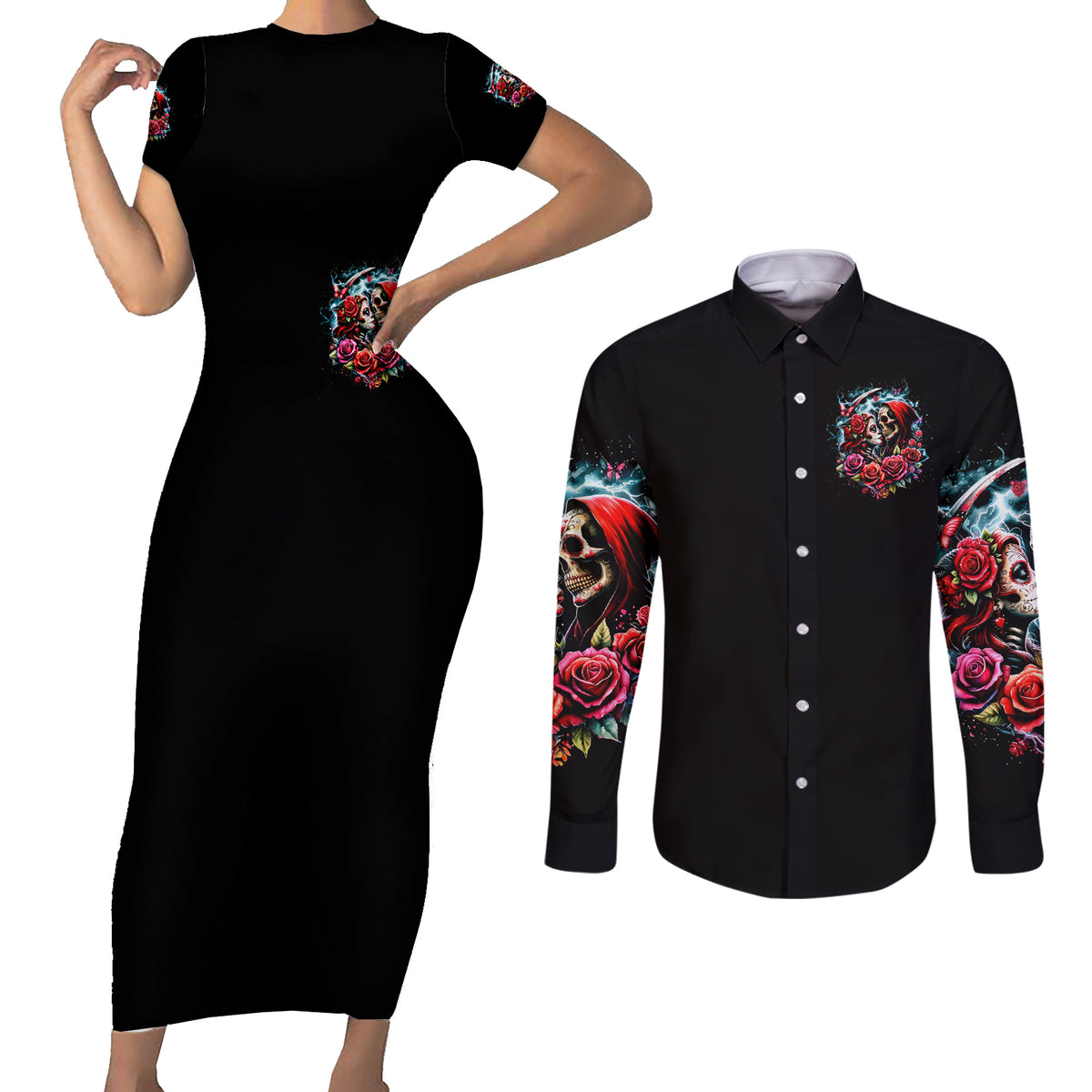 Couple Skull Couples Matching Short Sleeve Bodycon Dress and Long Sleeve Button Shirt From Our Firse Kiss - Wonder Print Shop