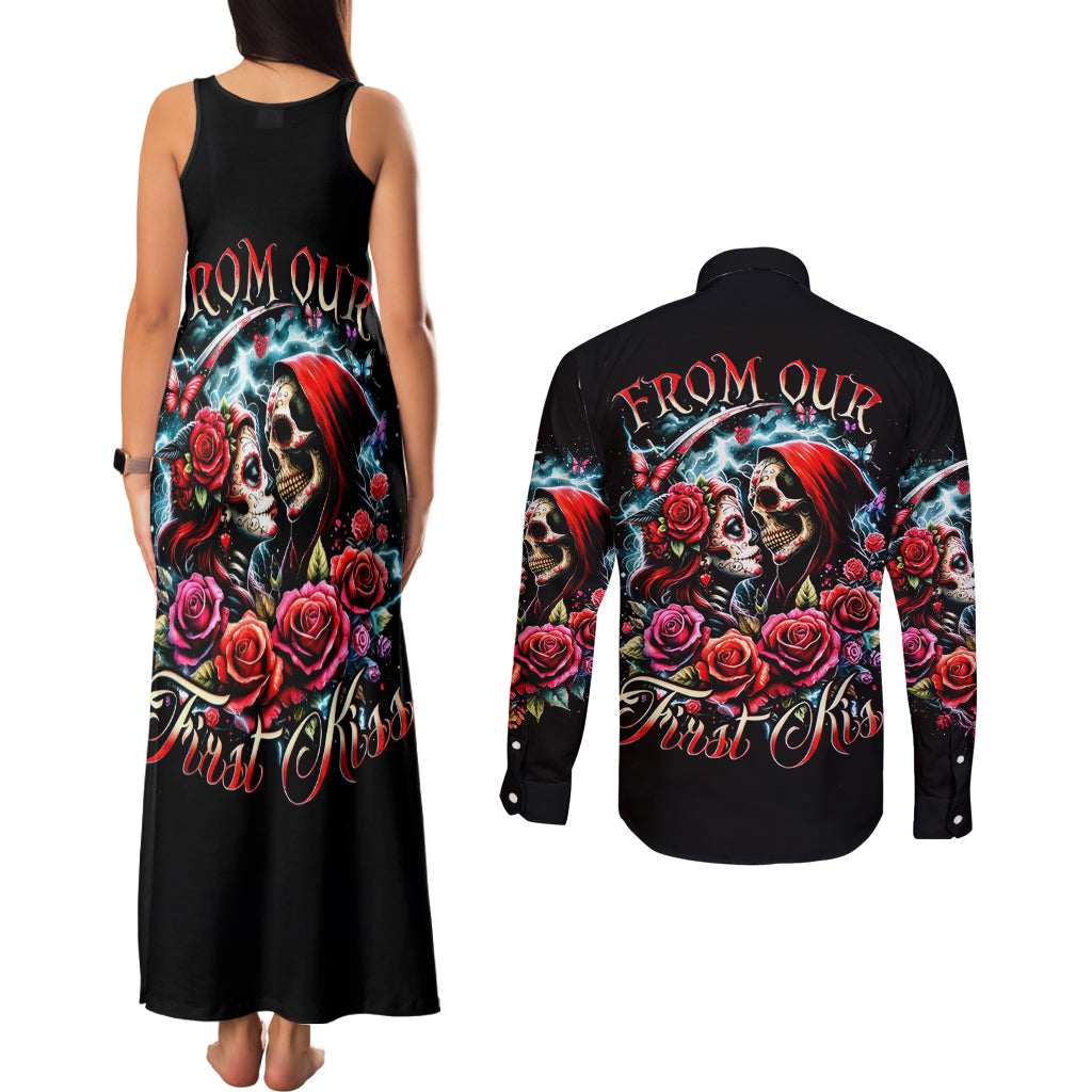 Couple Skull Couples Matching Tank Maxi Dress and Long Sleeve Button Shirt From Our Firse Kiss - Wonder Print Shop