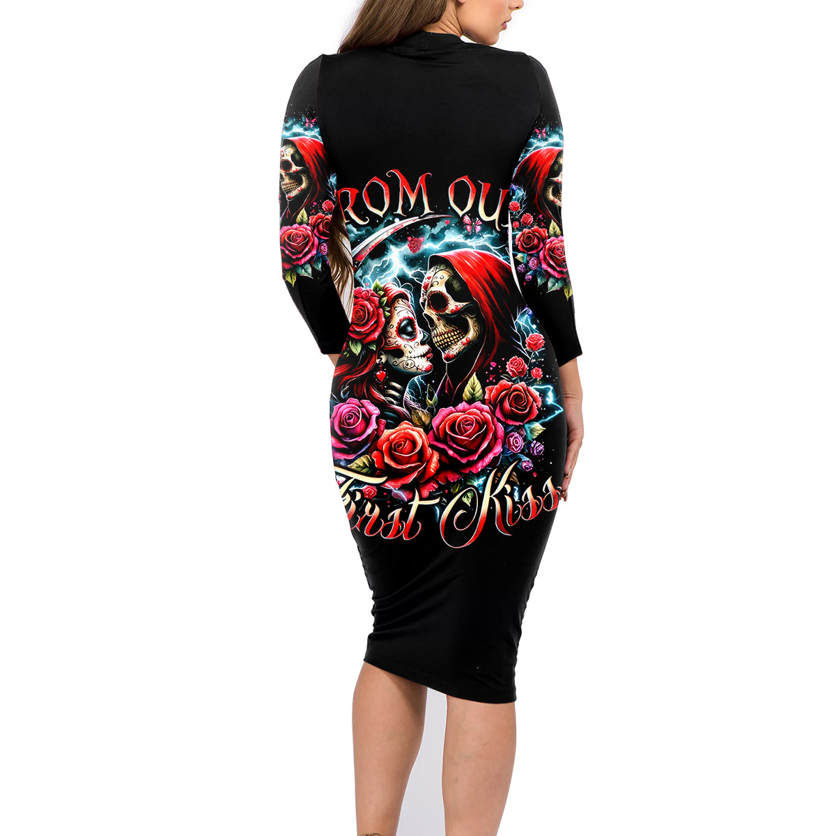 Couple Skull Family Matching Long Sleeve Bodycon Dress and Hawaiian Shirt From Our Firse Kiss - Wonder Print Shop