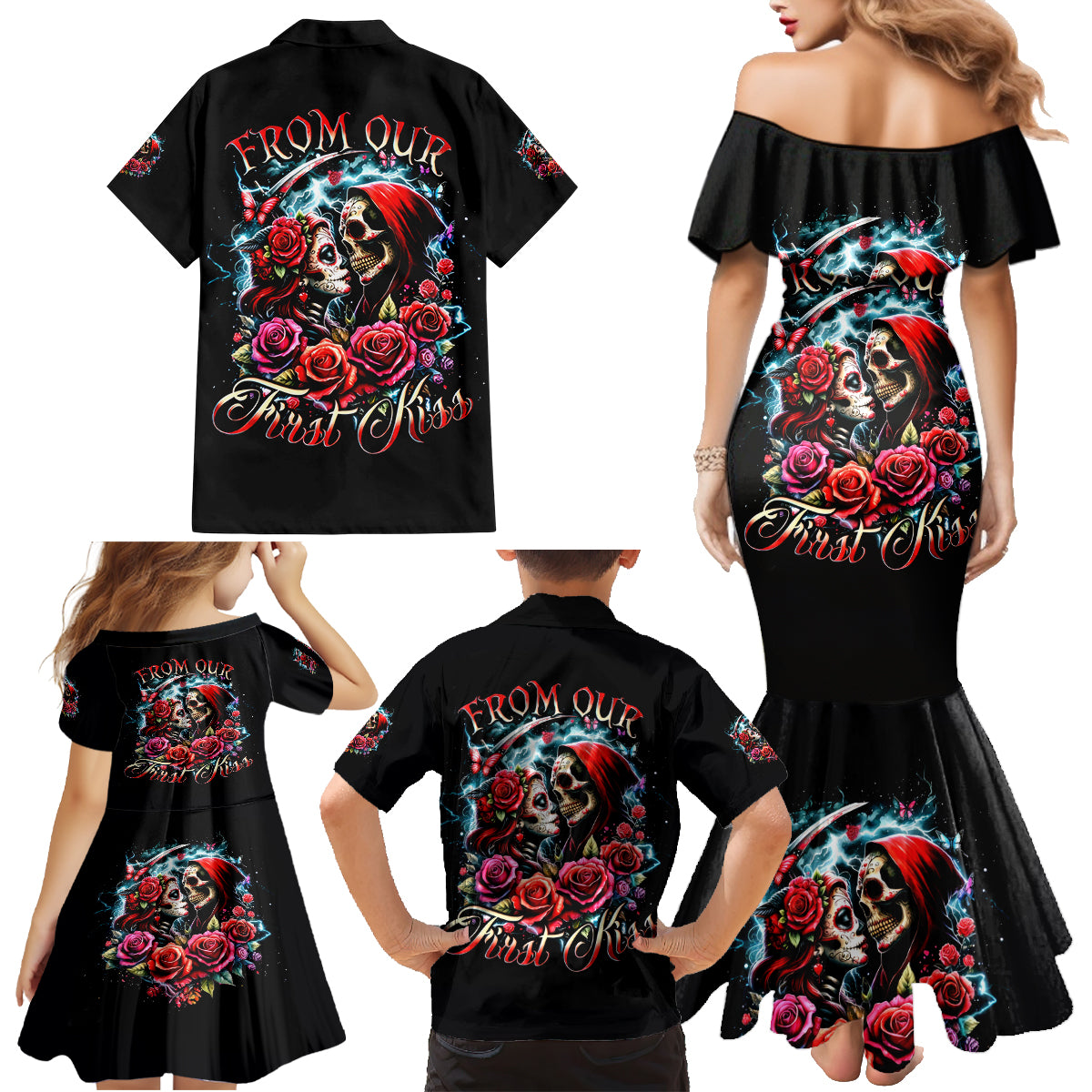 Couple Skull Family Matching Mermaid Dress and Hawaiian Shirt From Our Firse Kiss - Wonder Print Shop