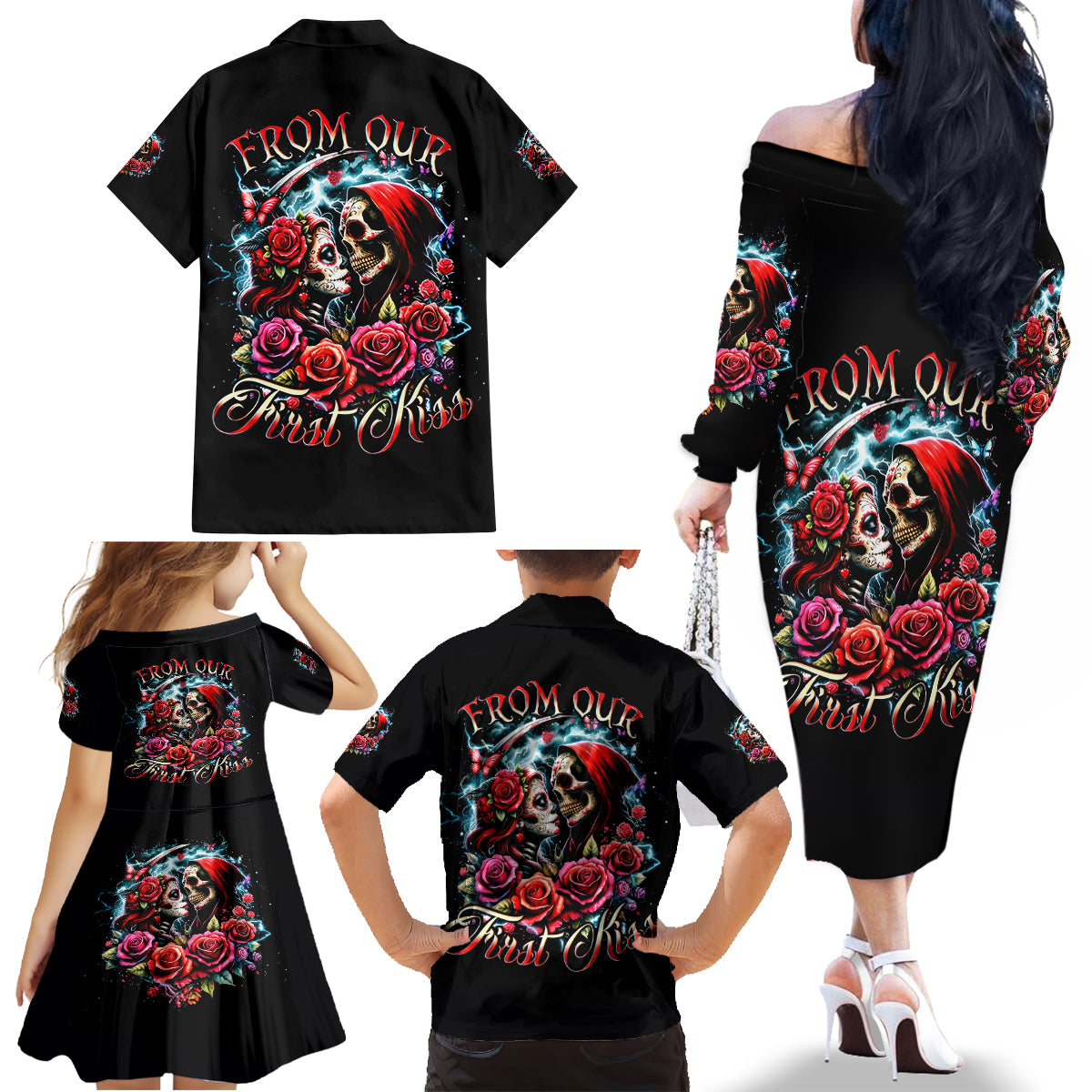 Couple Skull Family Matching Off Shoulder Long Sleeve Dress and Hawaiian Shirt From Our Firse Kiss - Wonder Print Shop