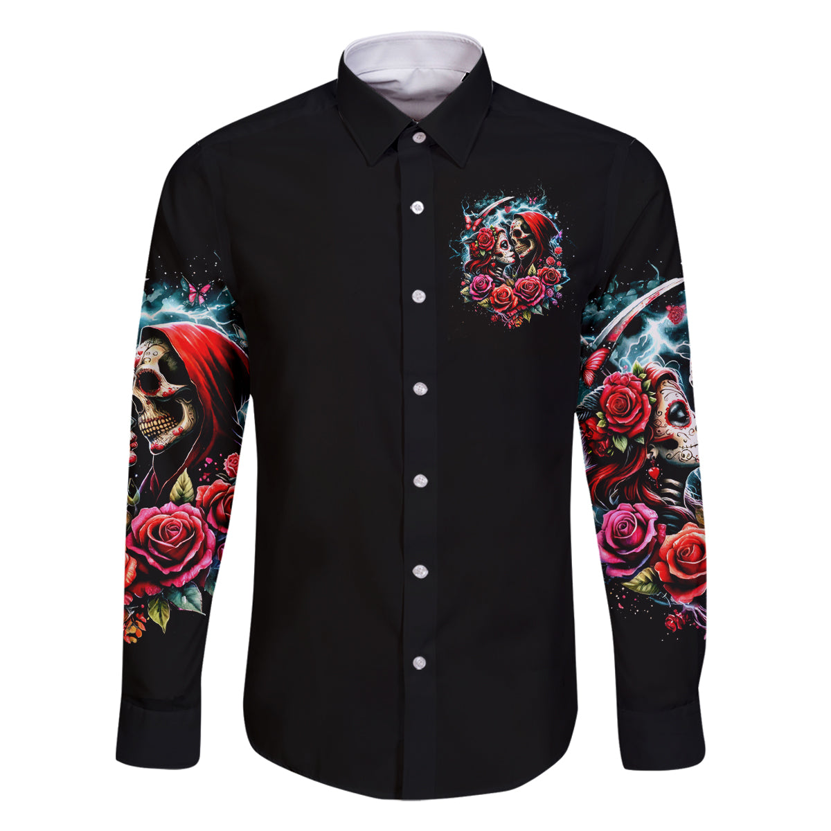 Couple Skull Family Matching Off Shoulder Long Sleeve Dress and Hawaiian Shirt From Our Firse Kiss - Wonder Print Shop