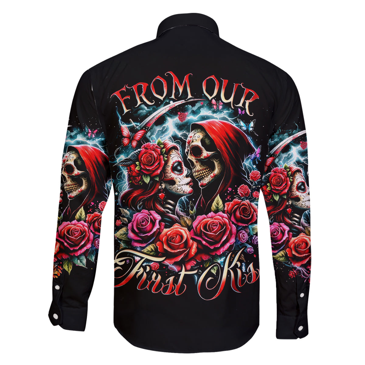 Couple Skull Family Matching Off Shoulder Long Sleeve Dress and Hawaiian Shirt From Our Firse Kiss - Wonder Print Shop