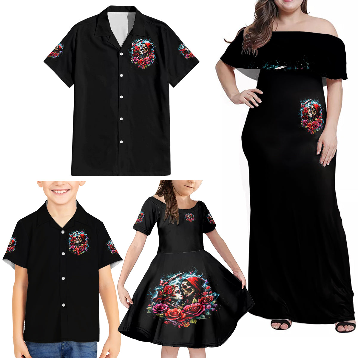Couple Skull Family Matching Off Shoulder Maxi Dress and Hawaiian Shirt From Our Firse Kiss - Wonder Print Shop