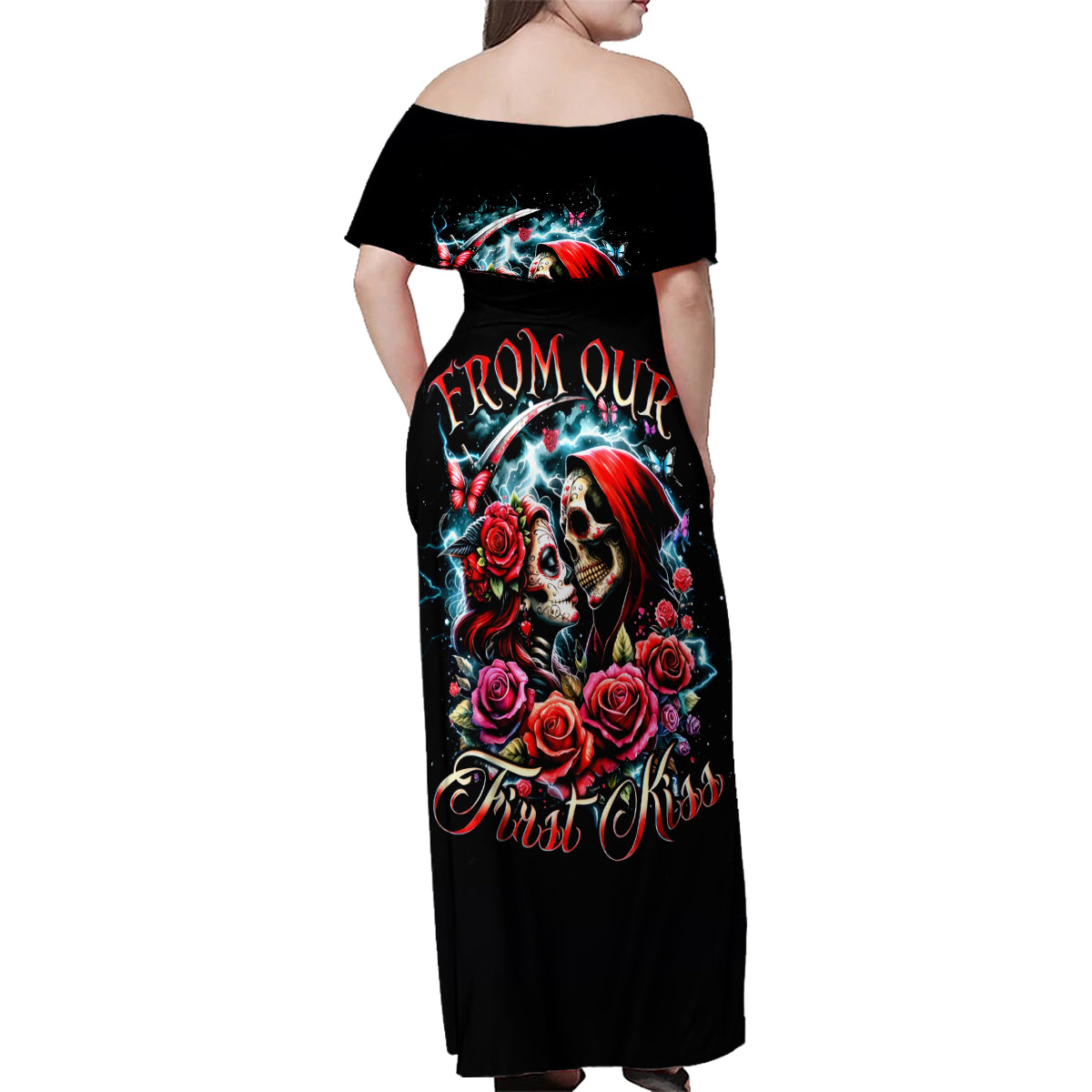 Couple Skull Family Matching Off Shoulder Maxi Dress and Hawaiian Shirt From Our Firse Kiss - Wonder Print Shop