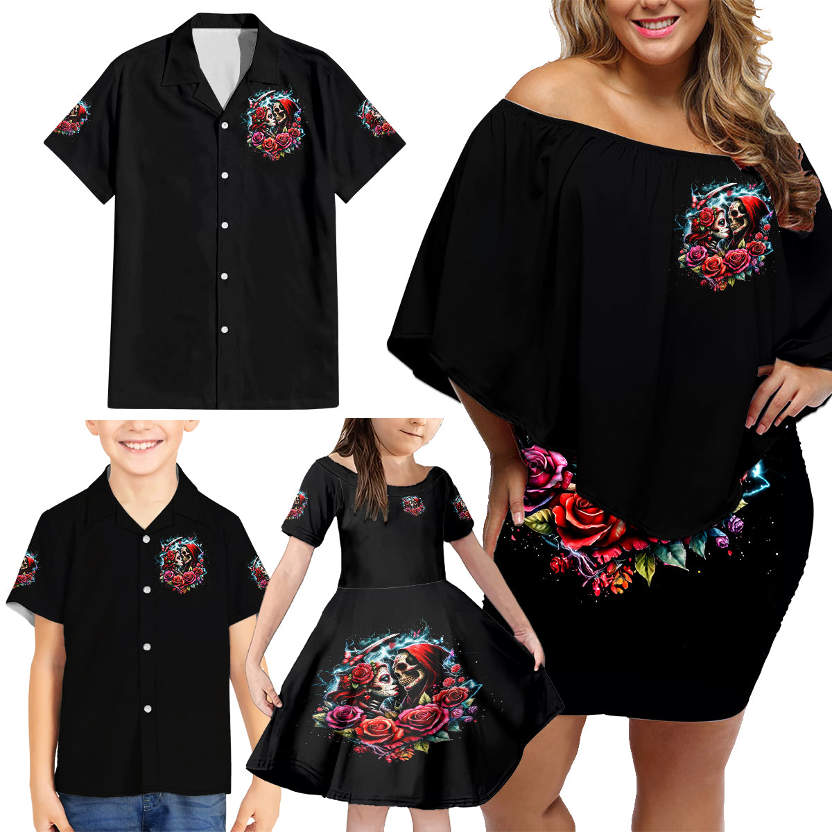 Couple Skull Family Matching Off Shoulder Short Dress and Hawaiian Shirt From Our Firse Kiss - Wonder Print Shop