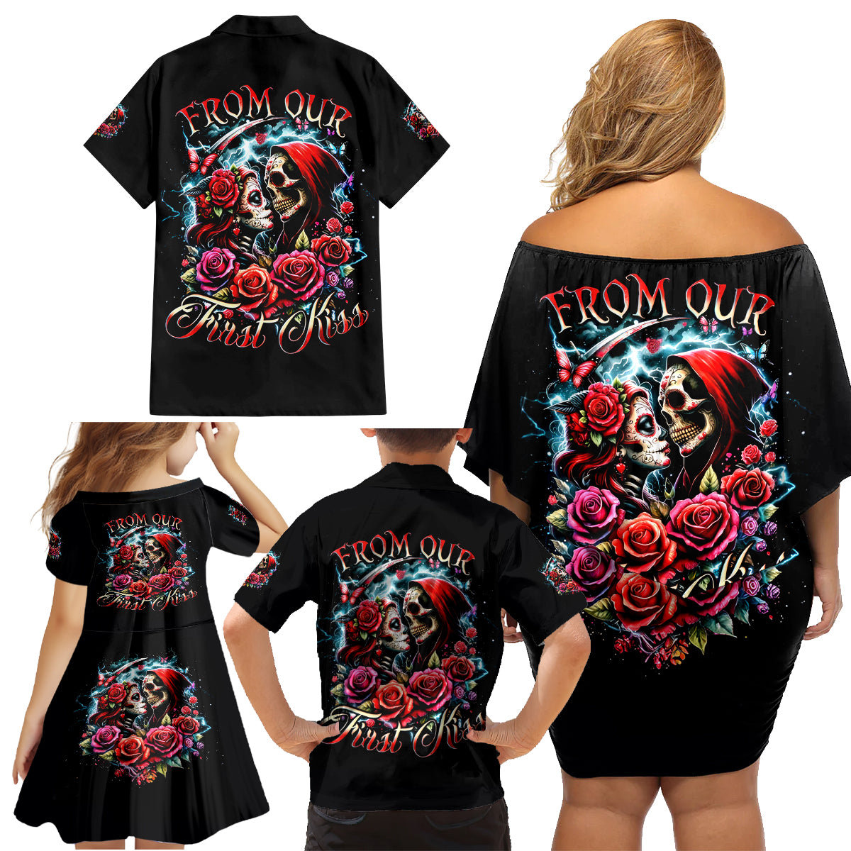 Couple Skull Family Matching Off Shoulder Short Dress and Hawaiian Shirt From Our Firse Kiss - Wonder Print Shop