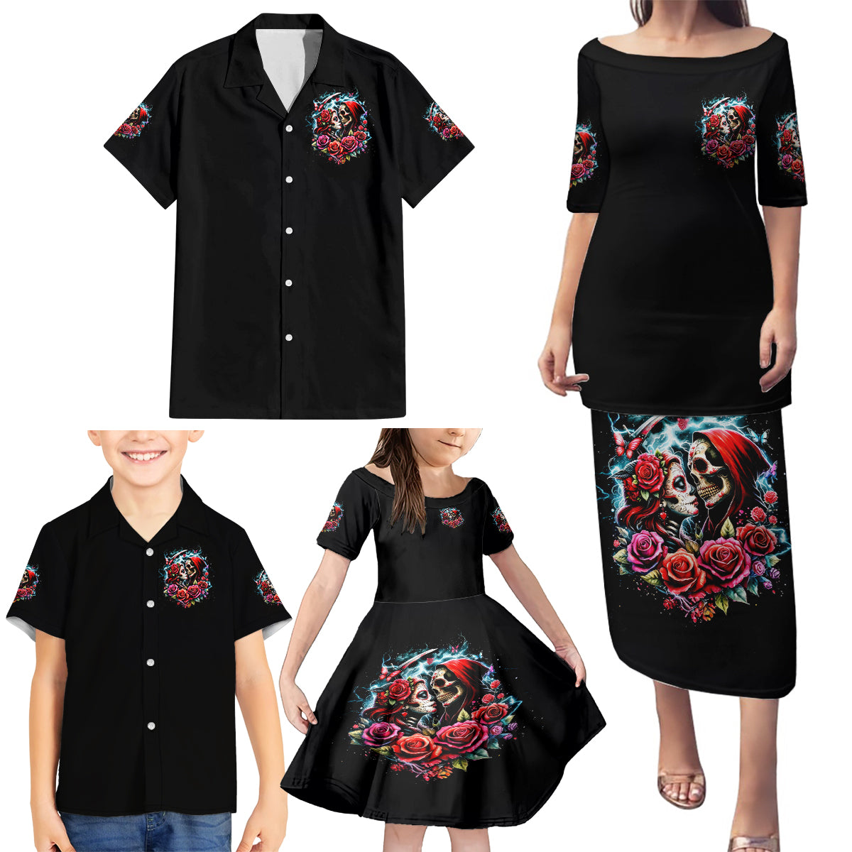 Couple Skull Family Matching Puletasi and Hawaiian Shirt From Our Firse Kiss - Wonder Print Shop