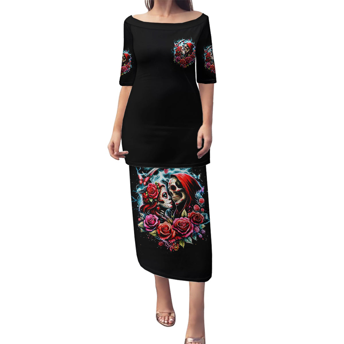 Couple Skull Family Matching Puletasi and Hawaiian Shirt From Our Firse Kiss - Wonder Print Shop