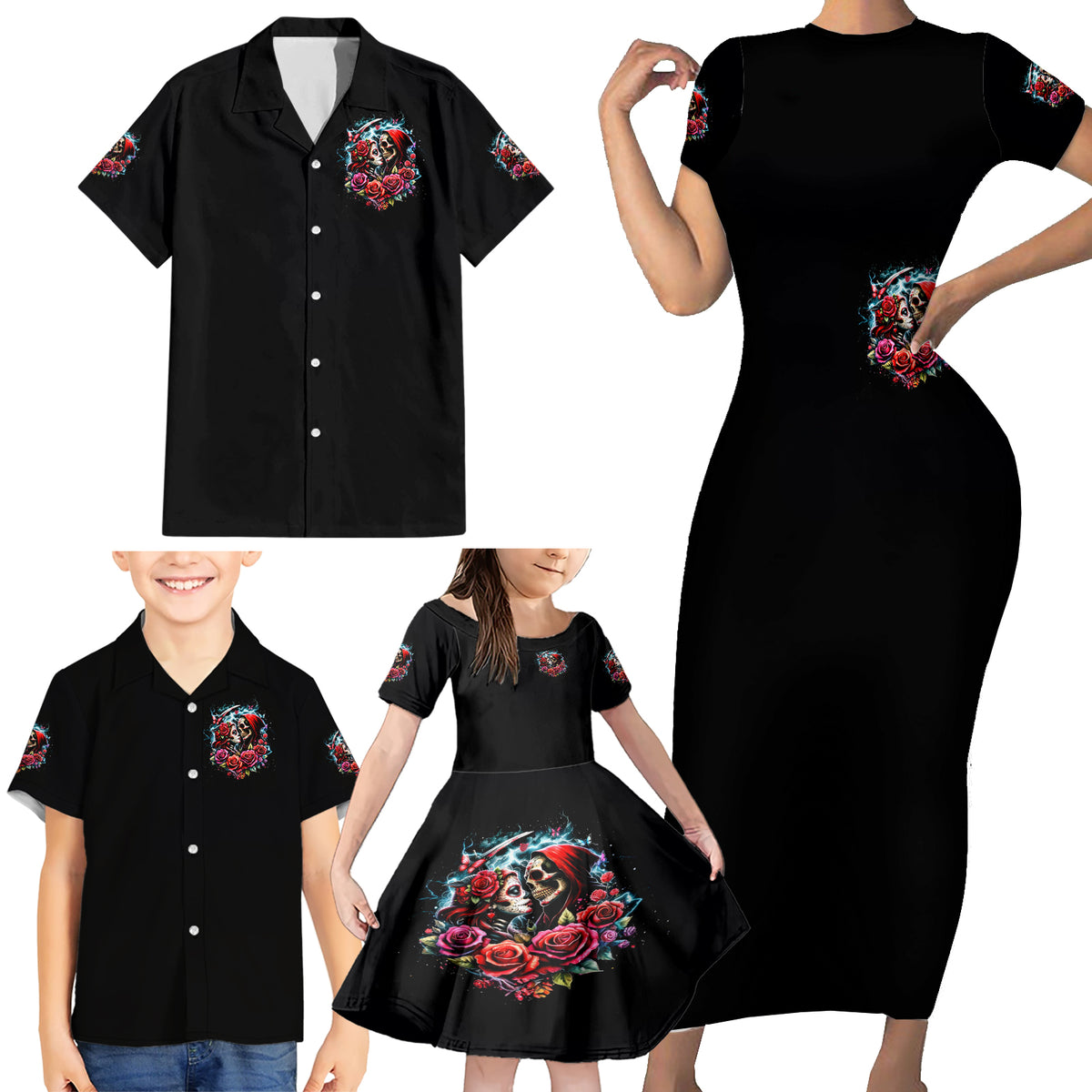 Couple Skull Family Matching Short Sleeve Bodycon Dress and Hawaiian Shirt From Our Firse Kiss - Wonder Print Shop