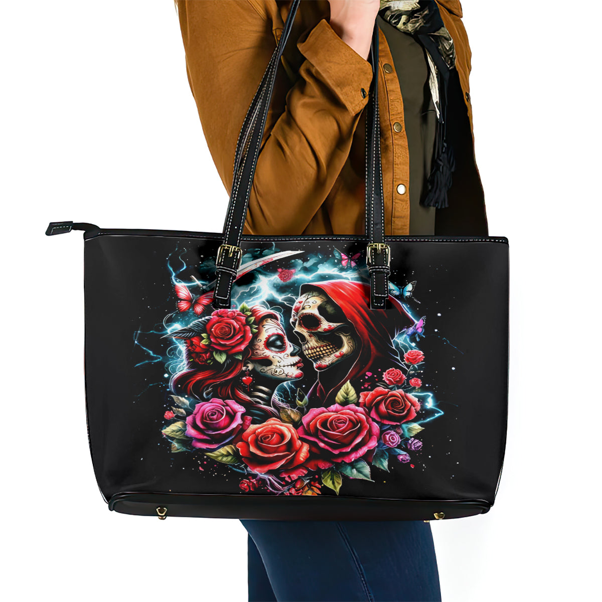 Couple Skull Leather Tote Bag From Our Firse Kiss - Wonder Print Shop