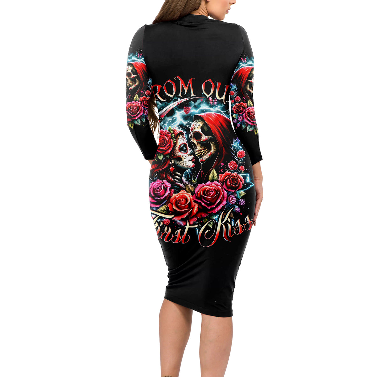 Couple Skull Long Sleeve Bodycon Dress From Our Firse Kiss - Wonder Print Shop