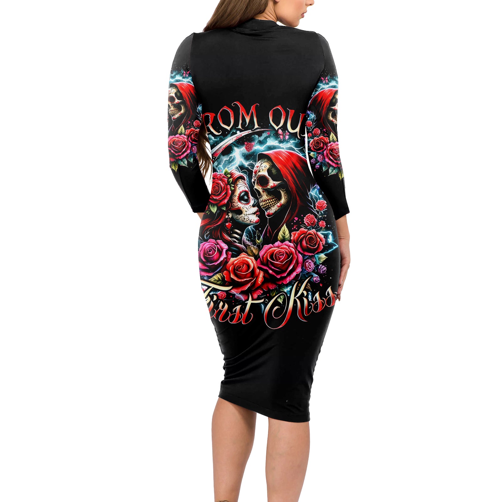 Couple Skull Long Sleeve Bodycon Dress From Our Firse Kiss - Wonder Print Shop