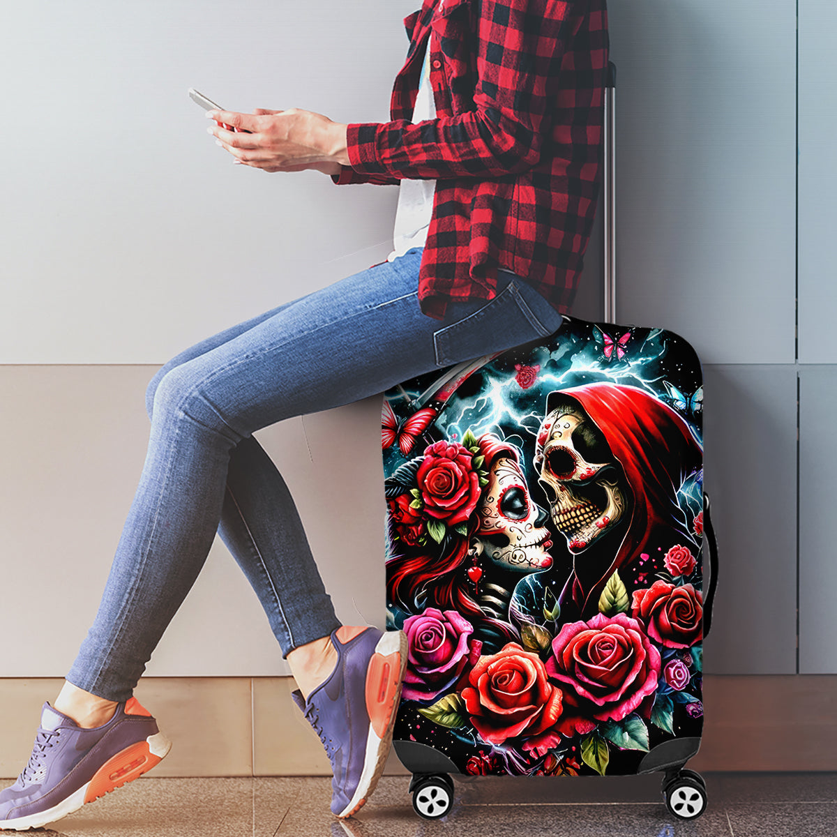 Couple Skull Luggage Cover From Our Firse Kiss - Wonder Print Shop