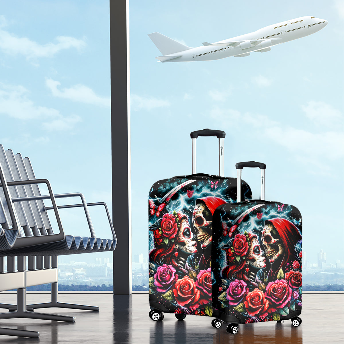 Couple Skull Luggage Cover From Our Firse Kiss - Wonder Print Shop