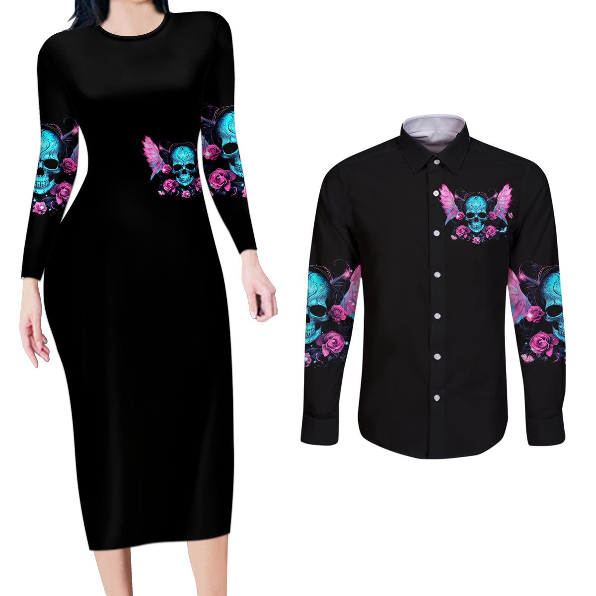 Fairy Skull Couples Matching Long Sleeve Bodycon Dress and Long Sleeve Button Shirt The Good Girl In Me Got Tired Of The Bullshit - Wonder Print Shop