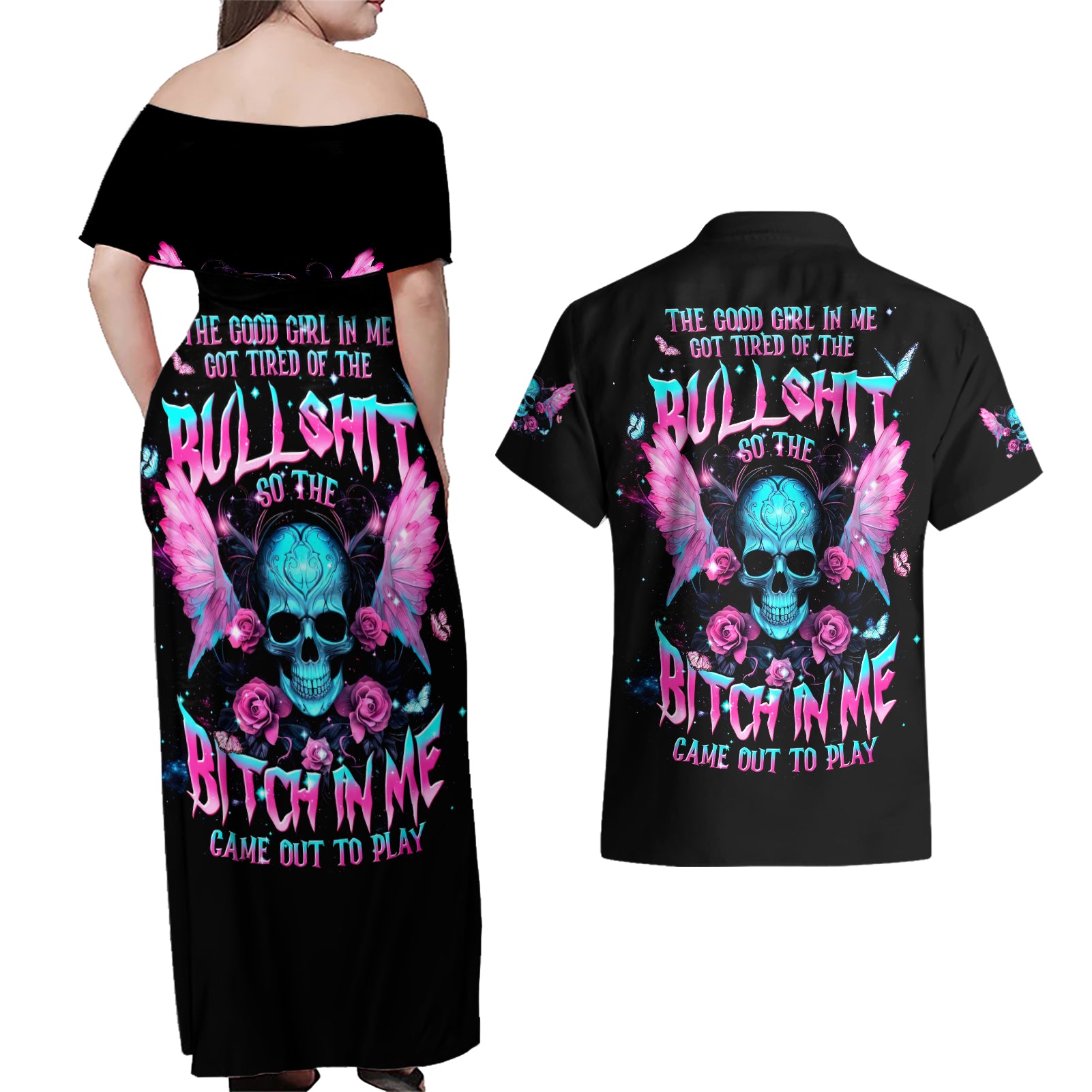 Fairy Skull Couples Matching Off Shoulder Maxi Dress and Hawaiian Shirt The Good Girl In Me Got Tired Of The Bullshit - Wonder Print Shop