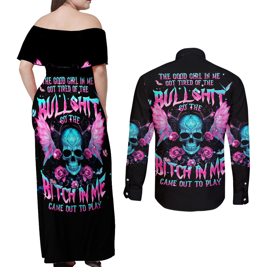 Fairy Skull Couples Matching Off Shoulder Maxi Dress and Long Sleeve Button Shirt The Good Girl In Me Got Tired Of The Bullshit - Wonder Print Shop