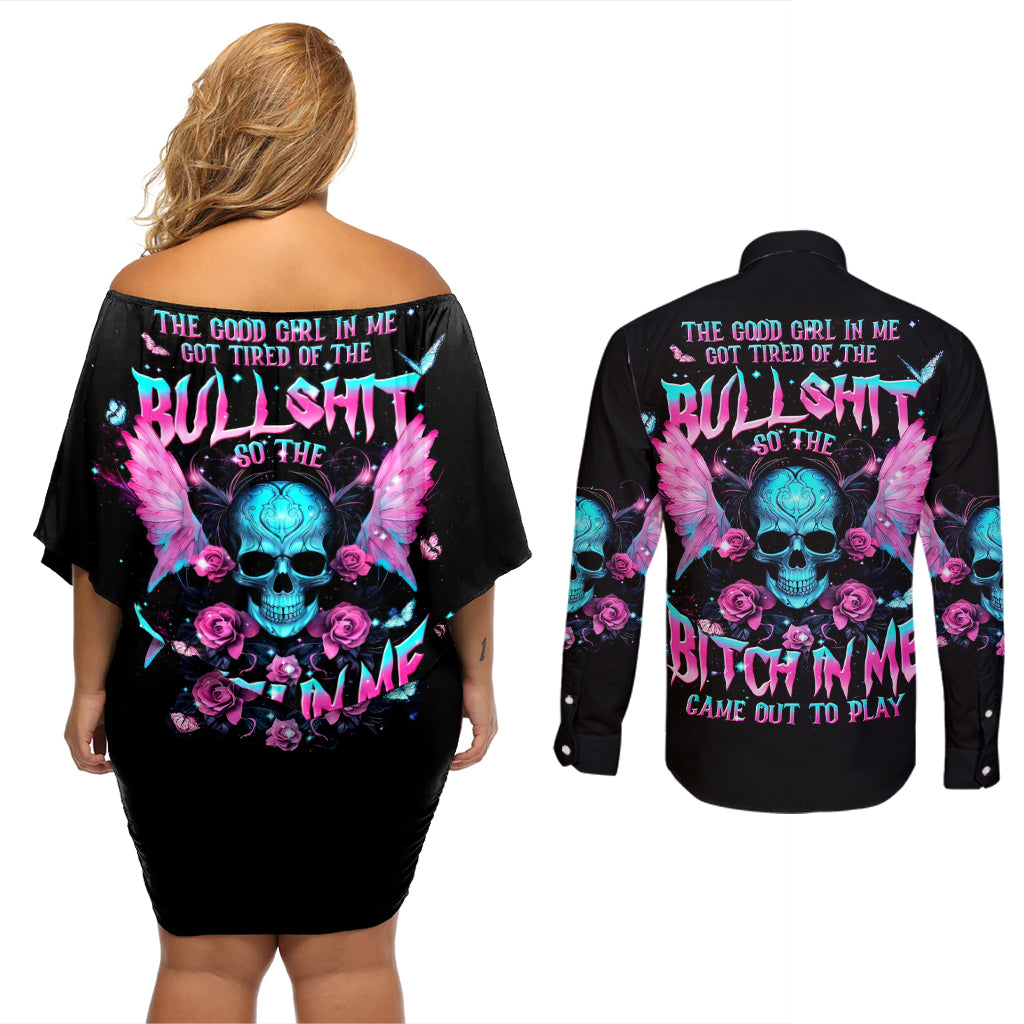 Fairy Skull Couples Matching Off Shoulder Short Dress and Long Sleeve Button Shirt The Good Girl In Me Got Tired Of The Bullshit - Wonder Print Shop