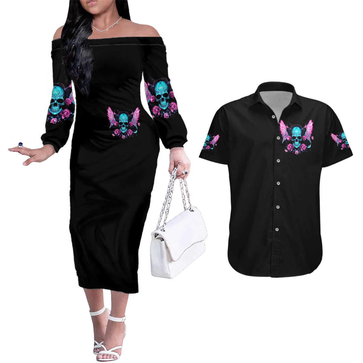 Fairy Skull Couples Matching Off The Shoulder Long Sleeve Dress and Hawaiian Shirt The Good Girl In Me Got Tired Of The Bullshit - Wonder Print Shop