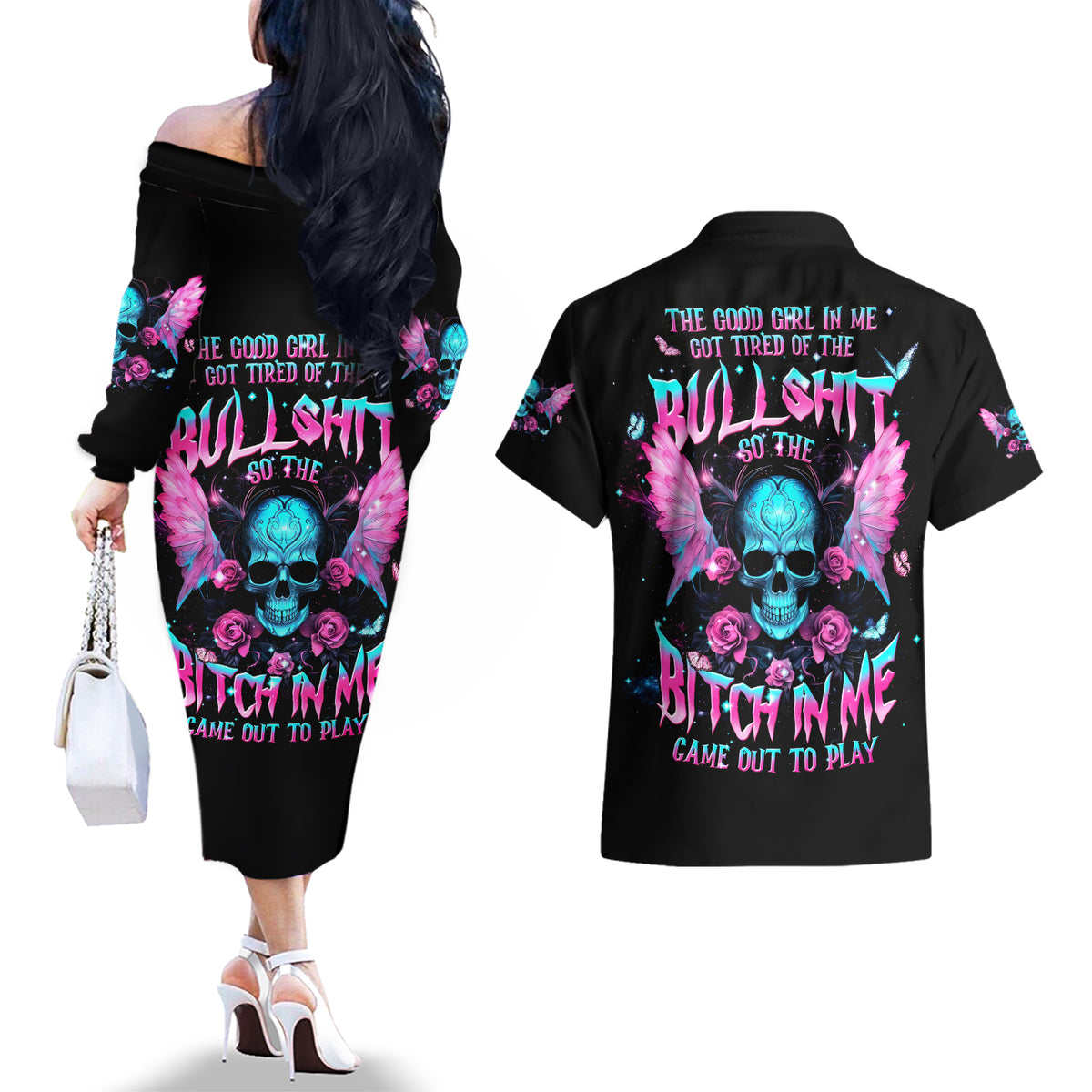 Fairy Skull Couples Matching Off The Shoulder Long Sleeve Dress and Hawaiian Shirt The Good Girl In Me Got Tired Of The Bullshit - Wonder Print Shop