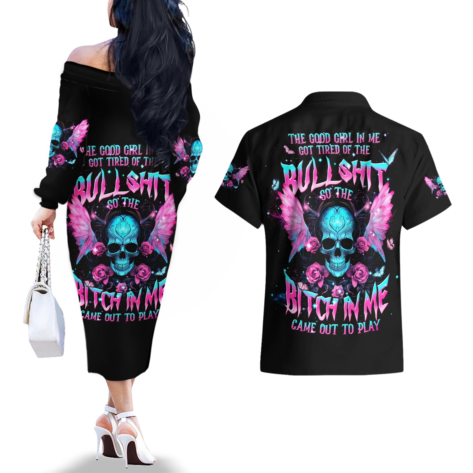 Fairy Skull Couples Matching Off The Shoulder Long Sleeve Dress and Hawaiian Shirt The Good Girl In Me Got Tired Of The Bullshit - Wonder Print Shop