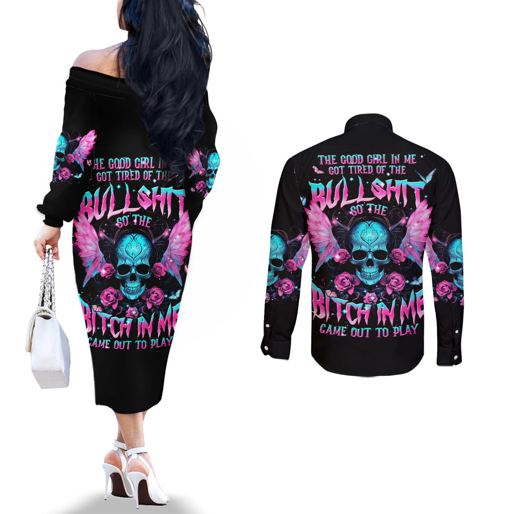 Fairy Skull Couples Matching Off The Shoulder Long Sleeve Dress and Long Sleeve Button Shirt The Good Girl In Me Got Tired Of The Bullshit