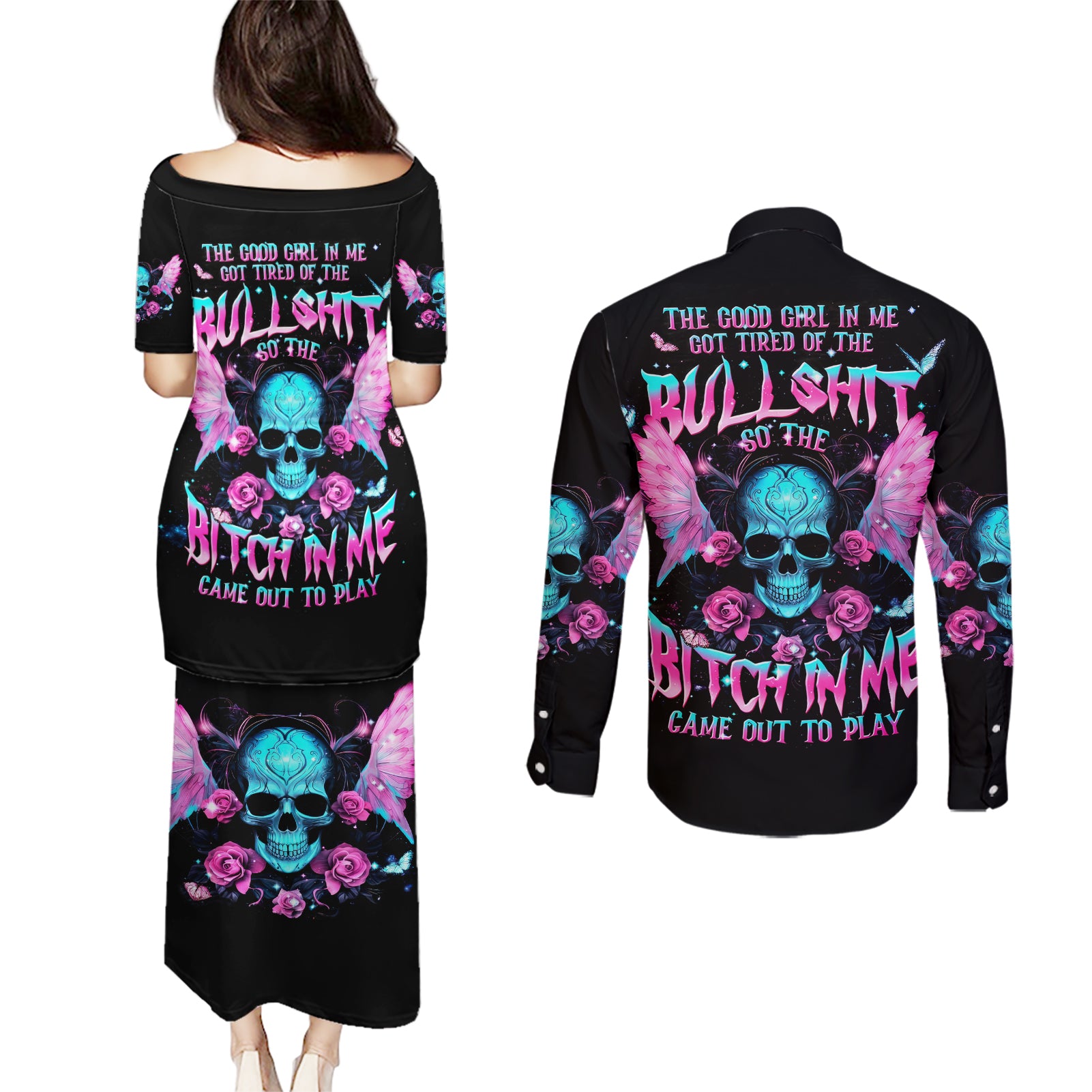 Fairy Skull Couples Matching Puletasi and Long Sleeve Button Shirt The Good Girl In Me Got Tired Of The Bullshit - Wonder Print Shop