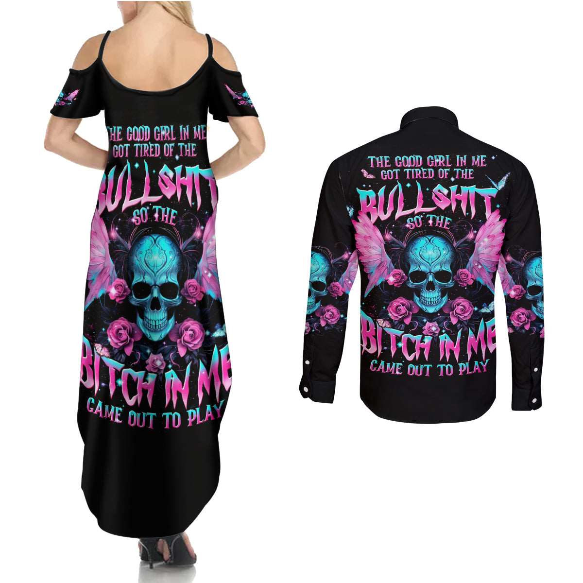 Fairy Skull Couples Matching Summer Maxi Dress and Long Sleeve Button Shirt The Good Girl In Me Got Tired Of The Bullshit - Wonder Print Shop