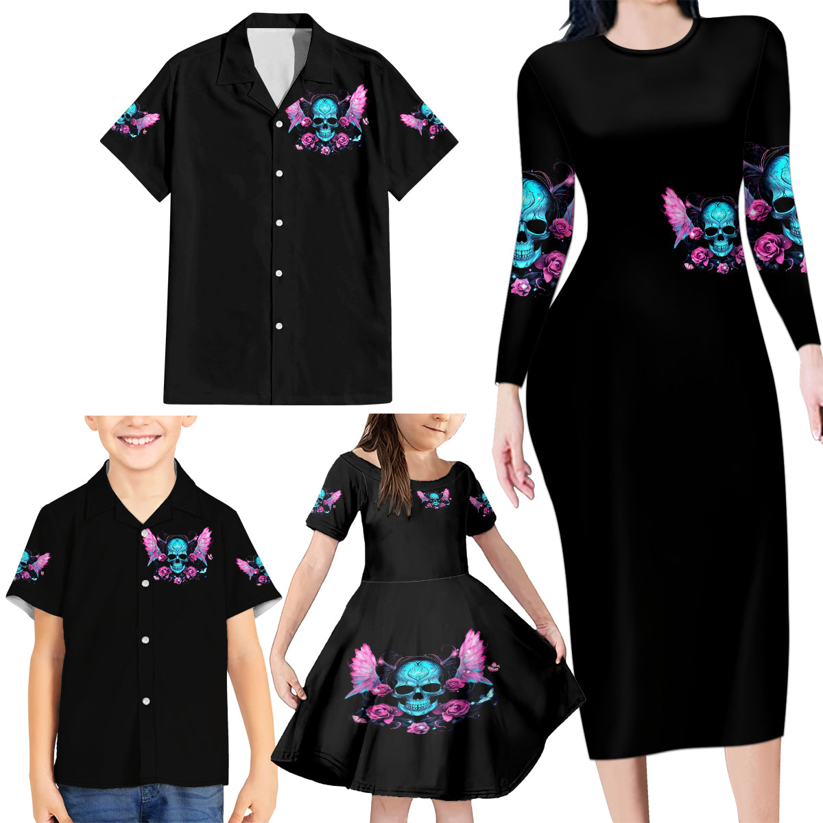 Fairy Skull Family Matching Long Sleeve Bodycon Dress and Hawaiian Shirt The Good Girl In Me Got Tired Of The Bullshit - Wonder Print Shop