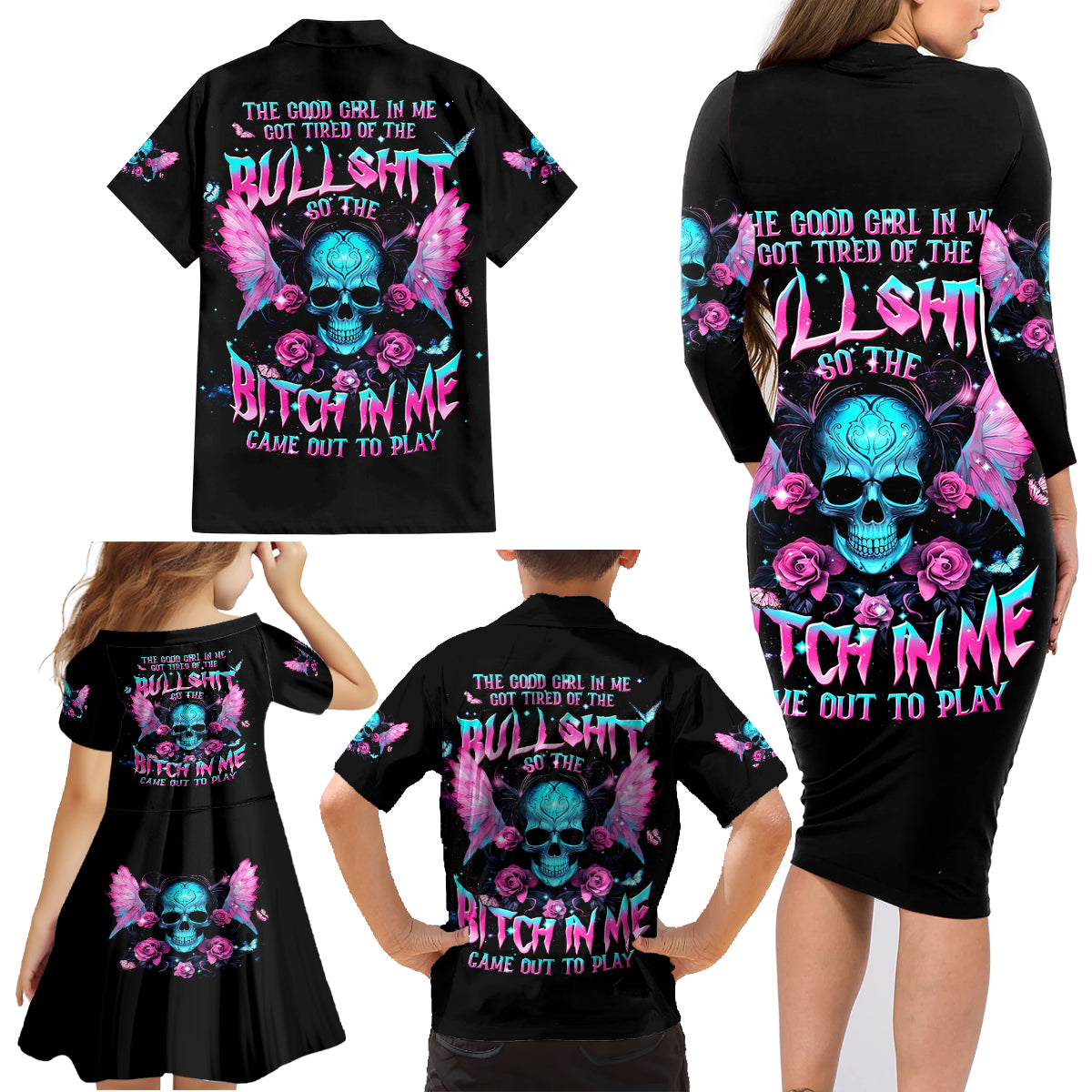 Fairy Skull Family Matching Long Sleeve Bodycon Dress and Hawaiian Shirt The Good Girl In Me Got Tired Of The Bullshit - Wonder Print Shop