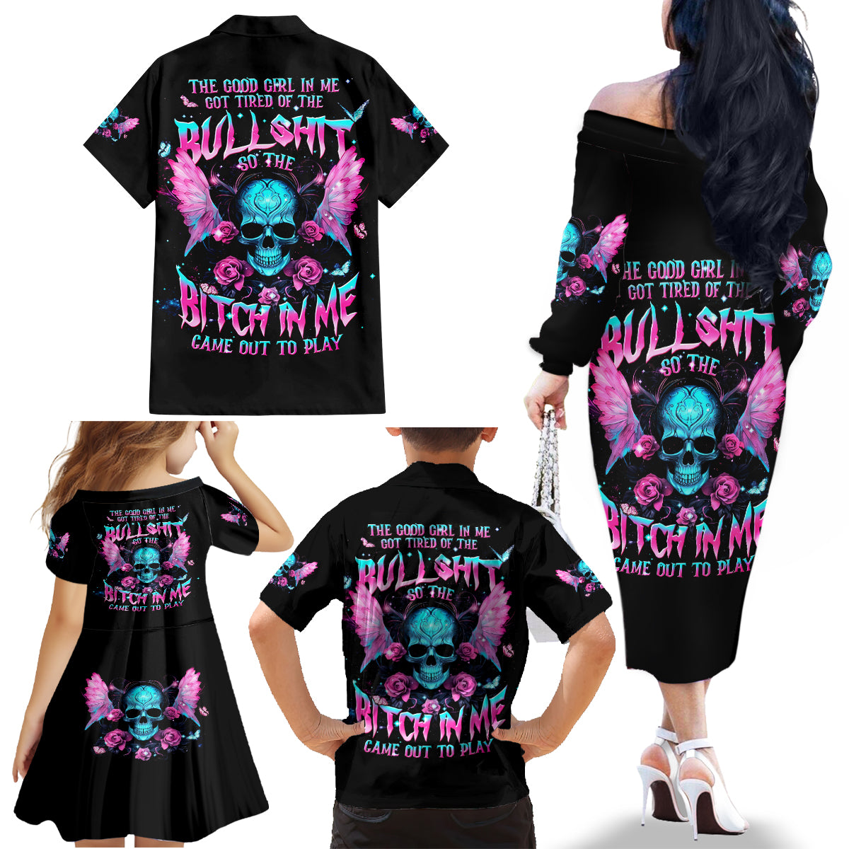 Fairy Skull Family Matching Off Shoulder Long Sleeve Dress and Hawaiian Shirt The Good Girl In Me Got Tired Of The Bullshit - Wonder Print Shop