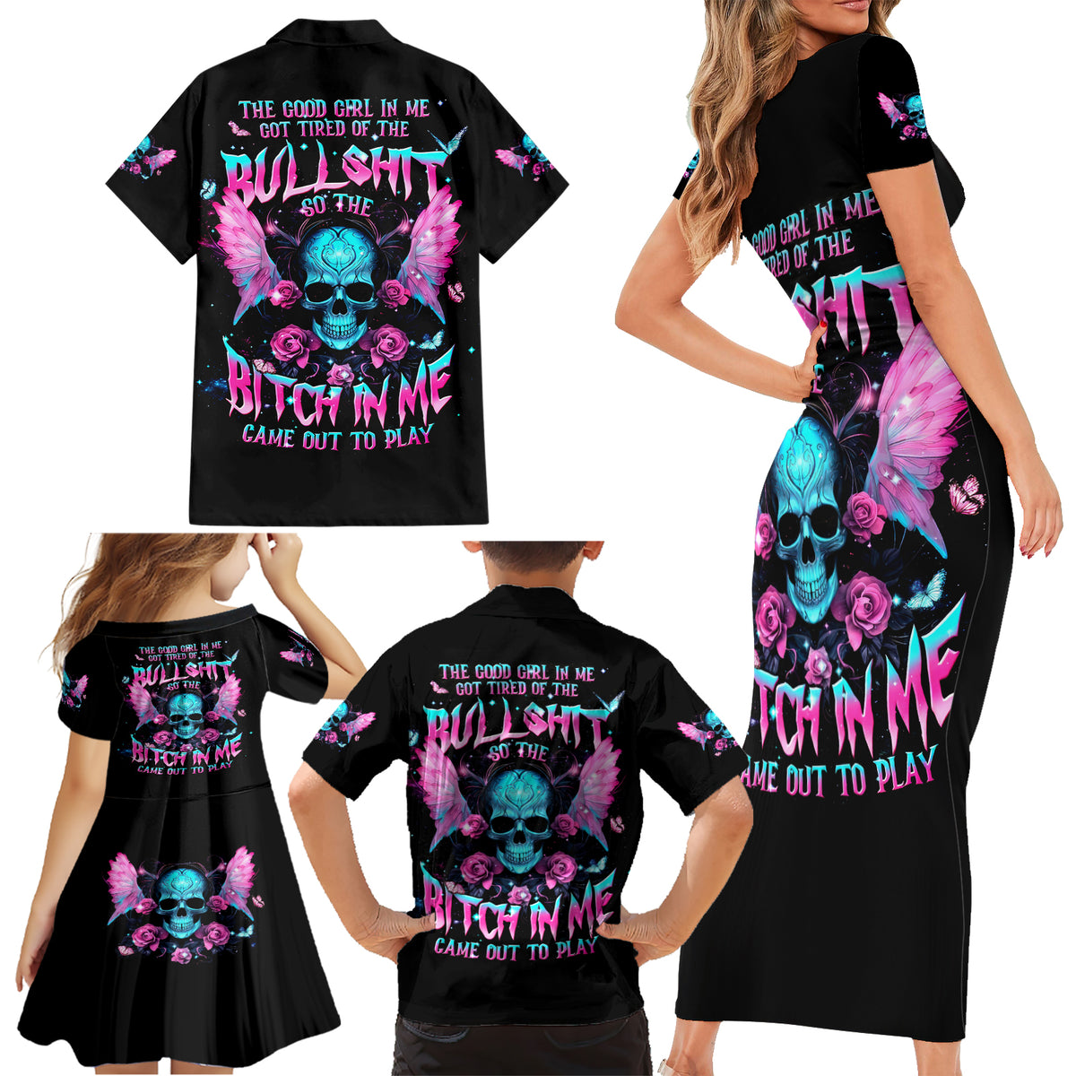 Fairy Skull Family Matching Short Sleeve Bodycon Dress and Hawaiian Shirt The Good Girl In Me Got Tired Of The Bullshit - Wonder Print Shop