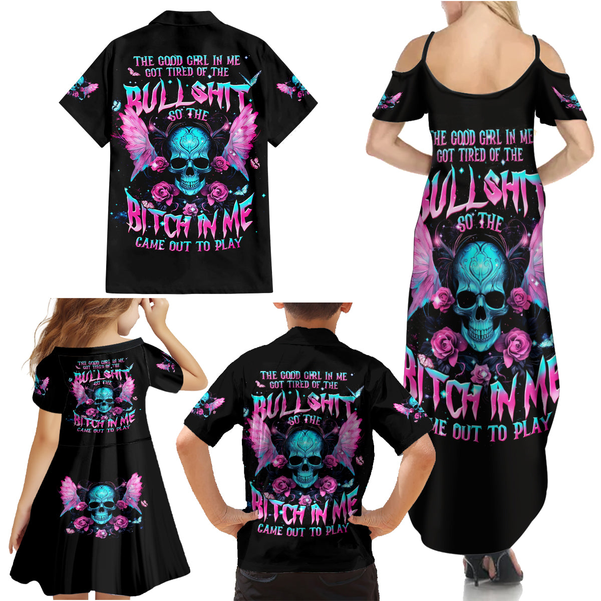 Fairy Skull Family Matching Summer Maxi Dress and Hawaiian Shirt The Good Girl In Me Got Tired Of The Bullshit - Wonder Print Shop