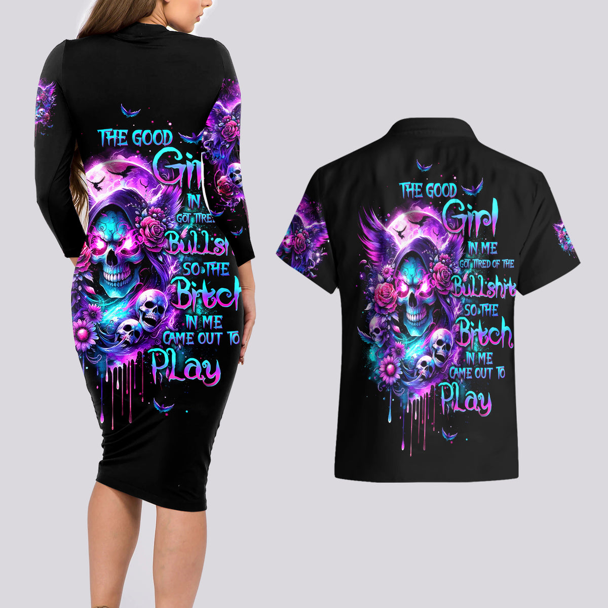 Fairy Skull Couples Matching Long Sleeve Bodycon Dress and Hawaiian Shirt The Good Girl In Me Got Tired Of The Bullshit - Wonder Print Shop