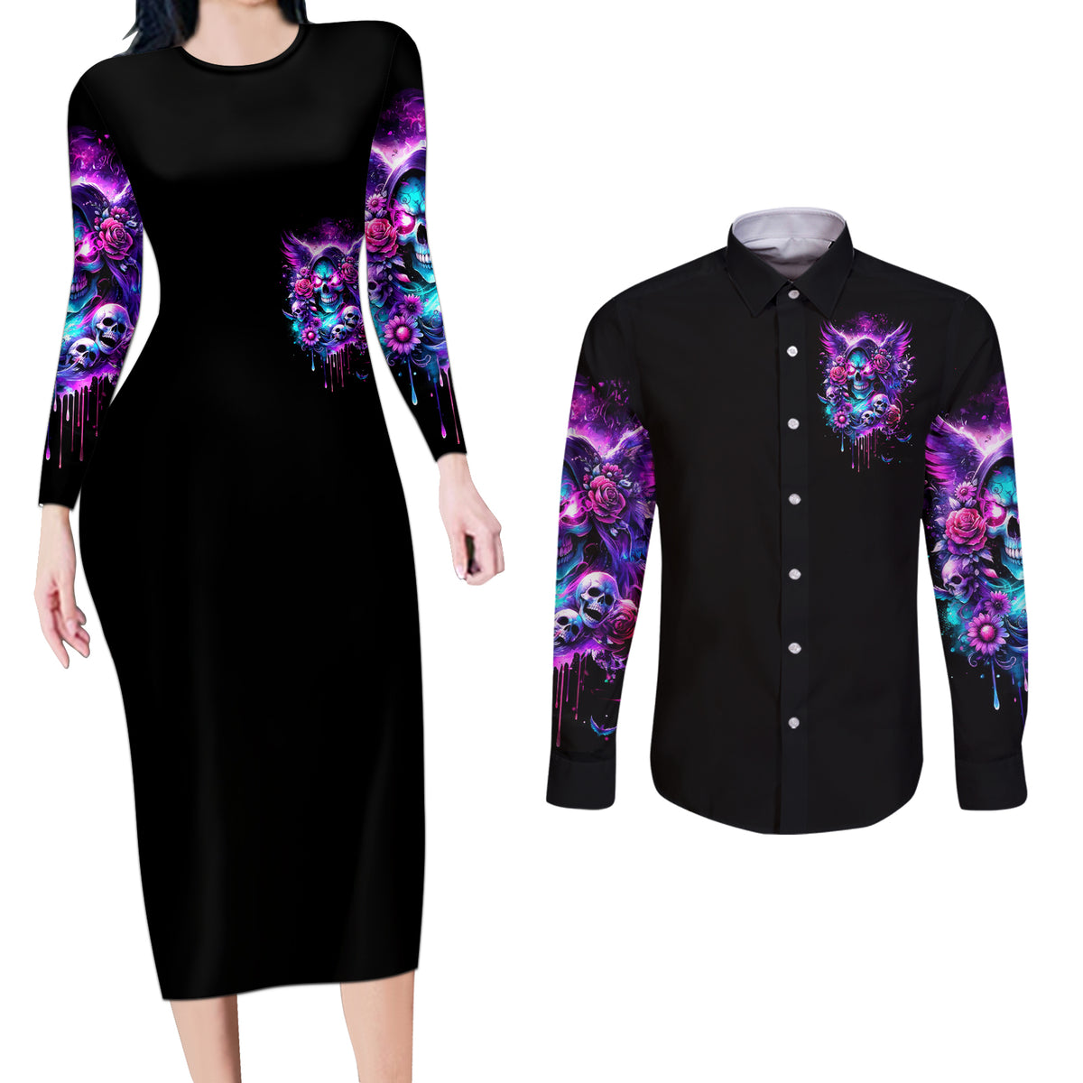Fairy Skull Couples Matching Long Sleeve Bodycon Dress and Long Sleeve Button Shirt The Good Girl In Me Got Tired Of The Bullshit - Wonder Print Shop