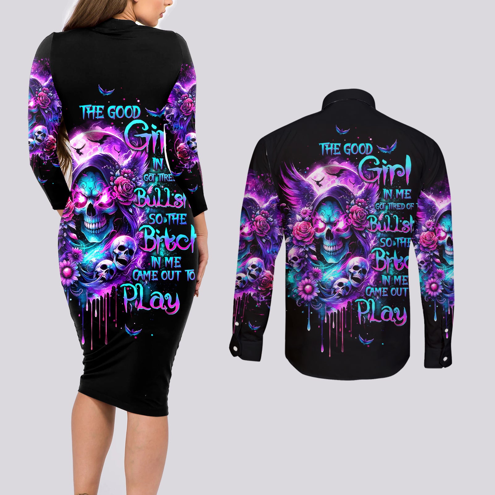 Fairy Skull Couples Matching Long Sleeve Bodycon Dress and Long Sleeve Button Shirt The Good Girl In Me Got Tired Of The Bullshit - Wonder Print Shop