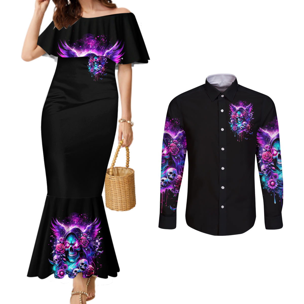 Fairy Skull Couples Matching Mermaid Dress and Long Sleeve Button Shirt The Good Girl In Me Got Tired Of The Bullshit