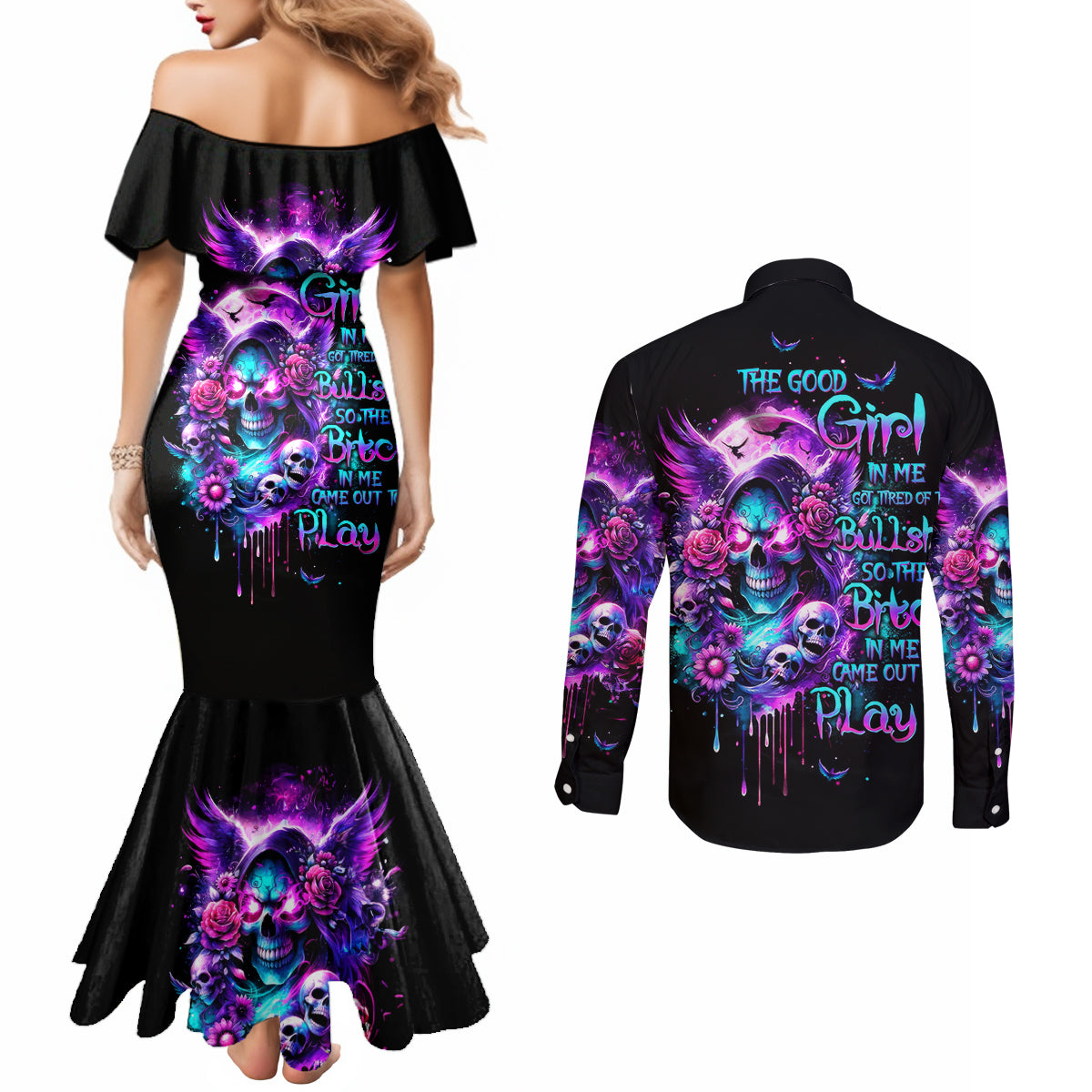 Fairy Skull Couples Matching Mermaid Dress and Long Sleeve Button Shirt The Good Girl In Me Got Tired Of The Bullshit