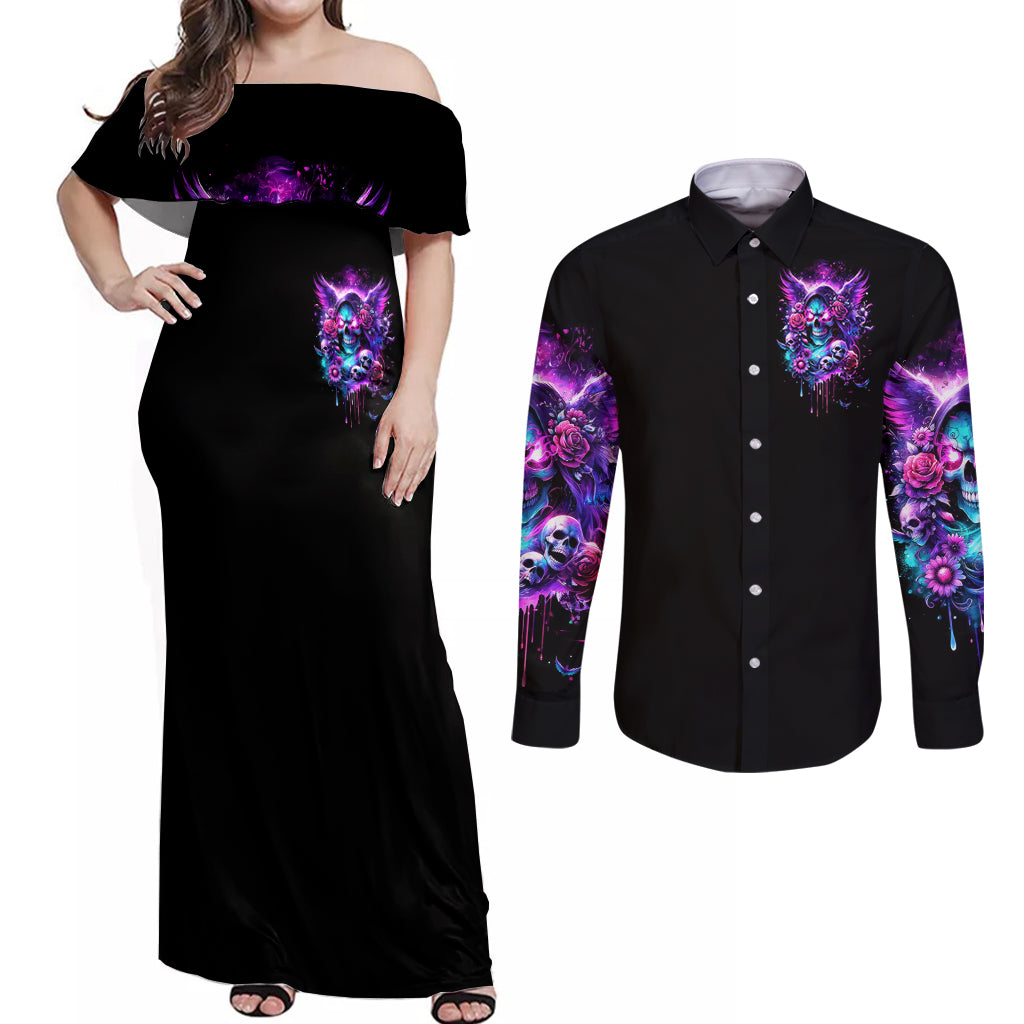 Fairy Skull Couples Matching Off Shoulder Maxi Dress and Long Sleeve Button Shirt The Good Girl In Me Got Tired Of The Bullshit - Wonder Print Shop