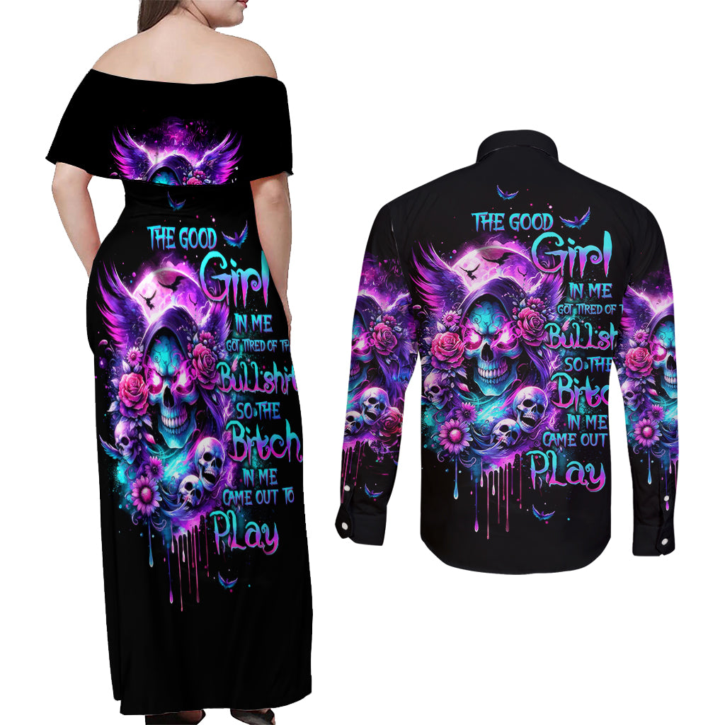 Fairy Skull Couples Matching Off Shoulder Maxi Dress and Long Sleeve Button Shirt The Good Girl In Me Got Tired Of The Bullshit - Wonder Print Shop