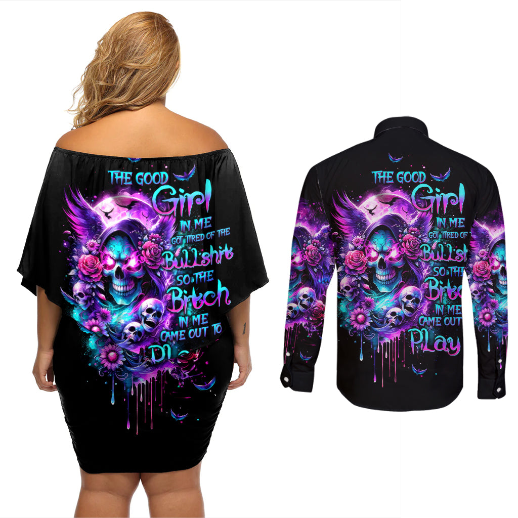 Fairy Skull Couples Matching Off Shoulder Short Dress and Long Sleeve Button Shirt The Good Girl In Me Got Tired Of The Bullshit - Wonder Print Shop