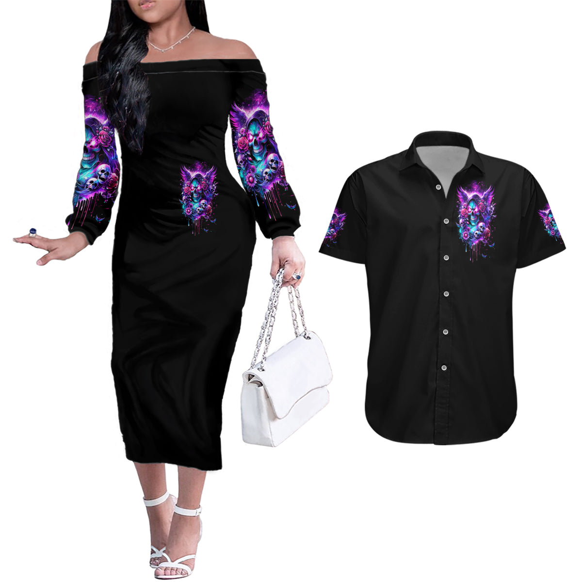 Fairy Skull Couples Matching Off The Shoulder Long Sleeve Dress and Hawaiian Shirt The Good Girl In Me Got Tired Of The Bullshit - Wonder Print Shop