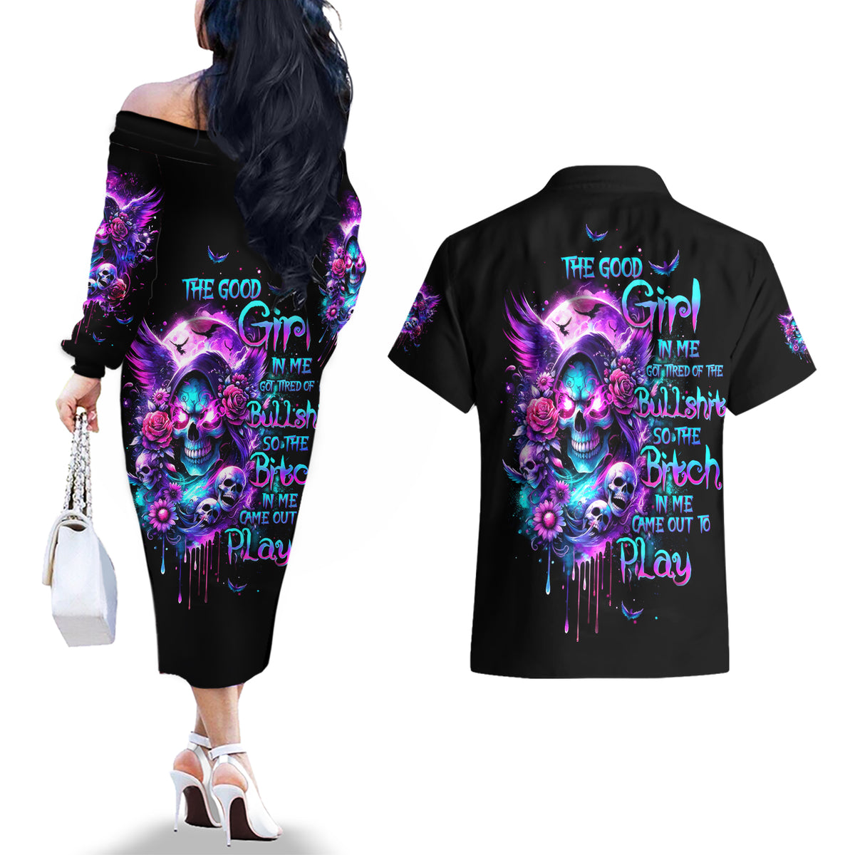 Fairy Skull Couples Matching Off The Shoulder Long Sleeve Dress and Hawaiian Shirt The Good Girl In Me Got Tired Of The Bullshit - Wonder Print Shop