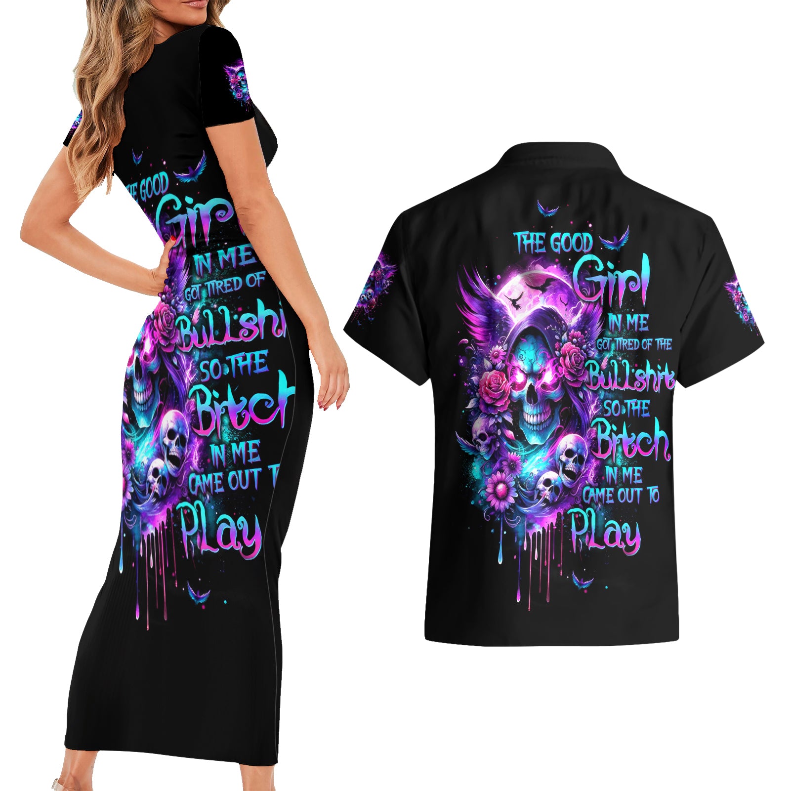Fairy Skull Couples Matching Short Sleeve Bodycon Dress and Hawaiian Shirt The Good Girl In Me Got Tired Of The Bullshit - Wonder Print Shop