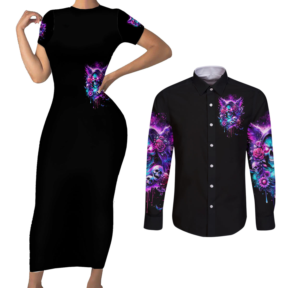 Fairy Skull Couples Matching Short Sleeve Bodycon Dress and Long Sleeve Button Shirt The Good Girl In Me Got Tired Of The Bullshit - Wonder Print Shop
