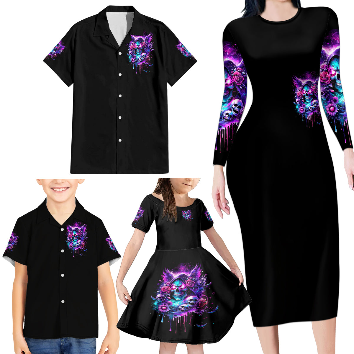 Fairy Skull Family Matching Long Sleeve Bodycon Dress and Hawaiian Shirt The Good Girl In Me Got Tired Of The Bullshit - Wonder Print Shop