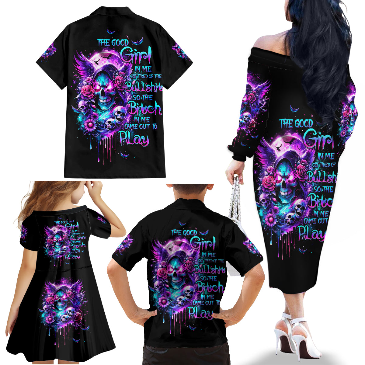 Fairy Skull Family Matching Off Shoulder Long Sleeve Dress and Hawaiian Shirt The Good Girl In Me Got Tired Of The Bullshit - Wonder Print Shop