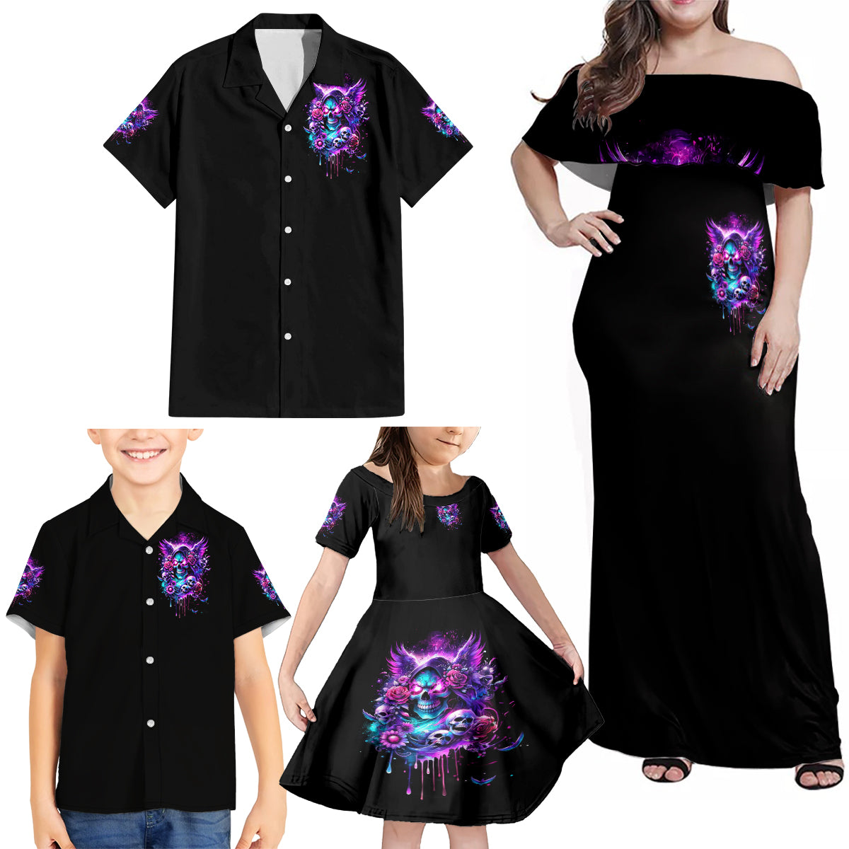 Fairy Skull Family Matching Off Shoulder Maxi Dress and Hawaiian Shirt The Good Girl In Me Got Tired Of The Bullshit - Wonder Print Shop
